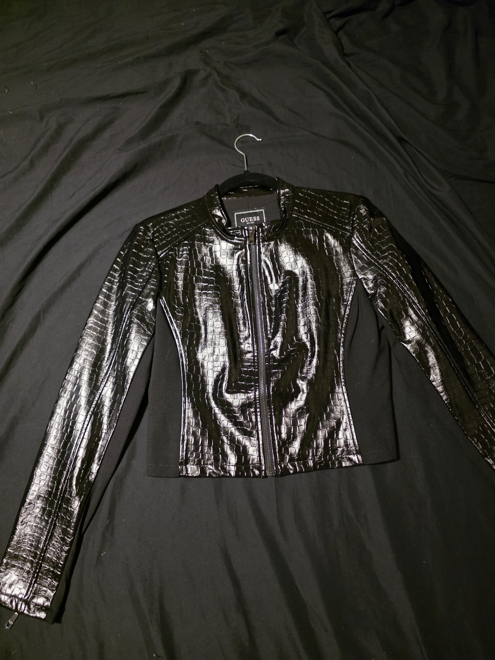Guess Black Croc-Embossed Faux Leather Zip Jacket
